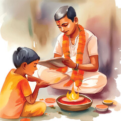 Indian kids in traditional Puja worshipping/yagya watercolour vector illustration