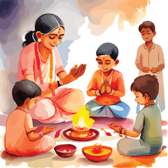 Indian kids in traditional Puja worshipping/yagya watercolour vector illustration