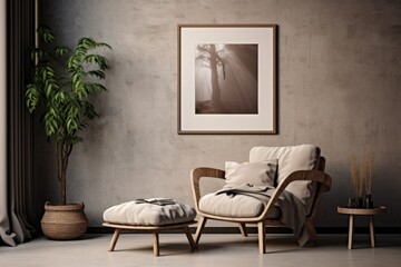 Modern living room interior with armchair and plant. Stylish scandinavian composition, Mock up, ai generative