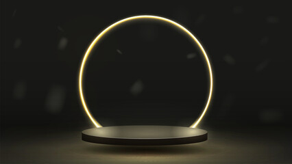 An empty 3d podium in black and gold on a dark background.