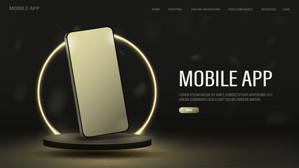 A web banner with a 3d smartphone in gold color on a glossy podium with a bright neon yellow arch. A concept for a website with a mockup mobile phone.