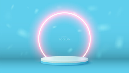 An empty white and blue 3d podium with a pink neon bright frame. A platform with a glowing arch in the room.