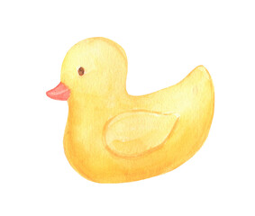 Yellow rubber duck isolated on white background. Watercolor Bath baby toy