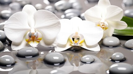 Close up white orchid with stone water drops.