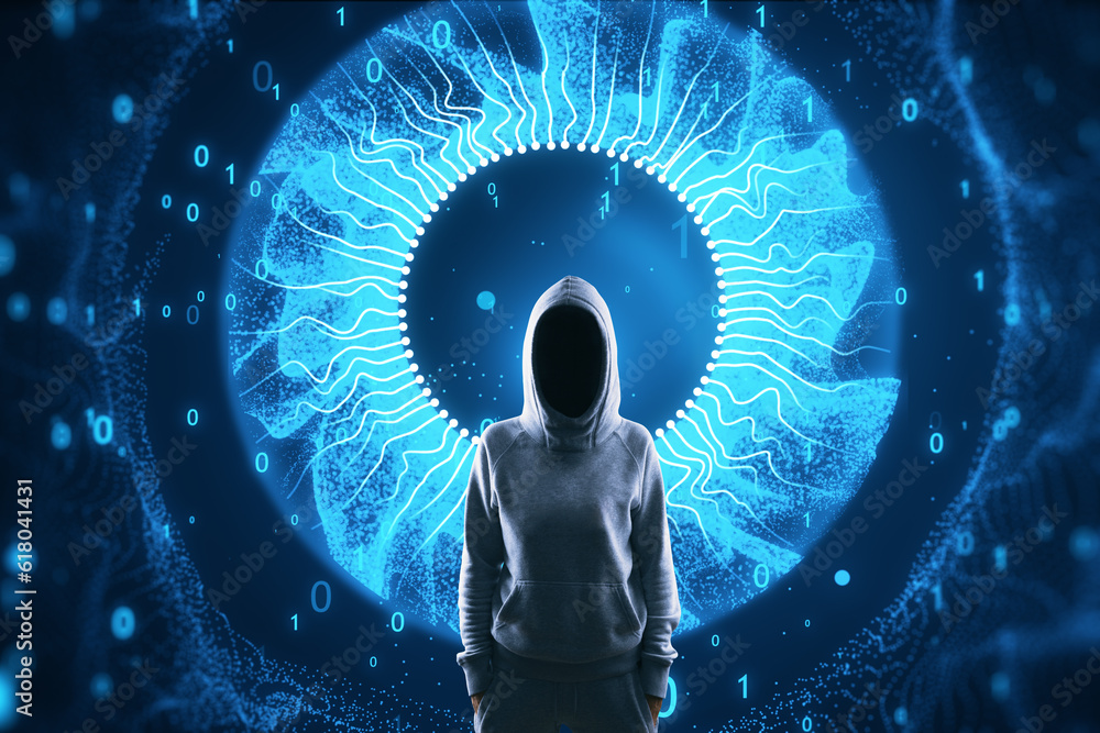 Poster hacker in hoodie with abstract digital blue eye iris on blurry tech background. technology, malware 