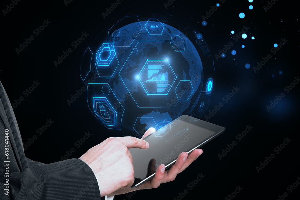 Poster close up of male hands using tablet with digital business globe hologram on blurry background. globa