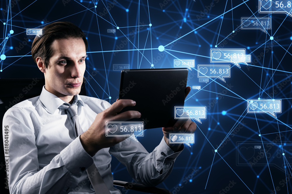 Poster Concept of network and internet communication. Attractive european businessman sitting in chair and using tablet with creative polygonal likes network on blurry background. Double exposure.