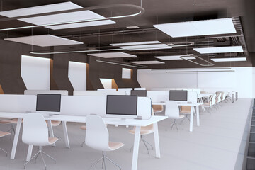 Luxury coworking office interior with equipment and furniture. 3D Rendering.