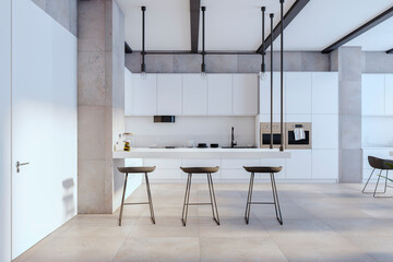 Luxury loft tile kitchen interior. 3D Rendering.