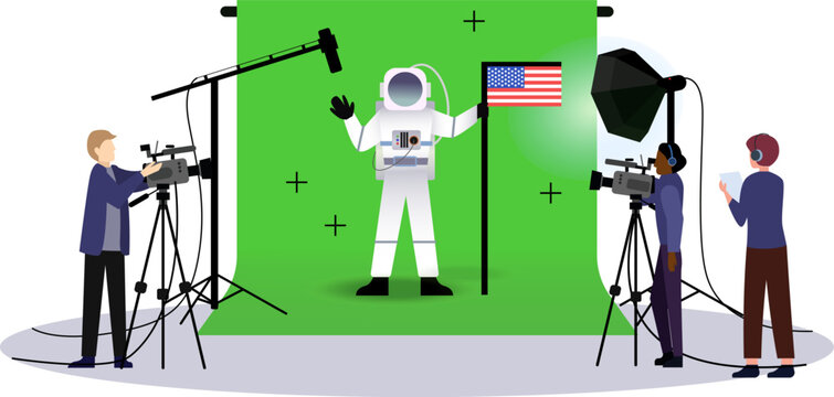 Movie Studio Shooting Set Vector Illustration, film production using green screen, cameraman and astronaut actor, film crew shooting on green screen effect, cameraman and Light Equipment