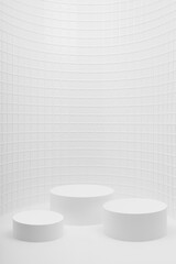 White abstract stage mockup as curved niche - three cylinder podiums, mosaic tile in refined minimalism style, template for presentation cosmetic products, spa, goods, advertising, showing, vertical.