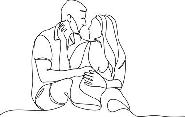 Man and woman couple in love. Continuous one single line a couple falling in love and shows their emotions. Showing love with a kiss. Valentine style minimalism design. Vector illustration