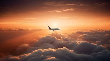 Fotobehang passenger airplane above the cloud in the sky at sunset created with Generative AI  © kimly