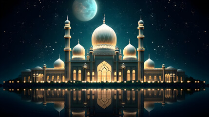 mosque with half moon at night created with Generative AI 