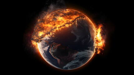 Half earth burning with fire on dark background created with Generative AI 