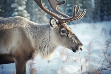 Reindeer winter forest snow. Generate Ai