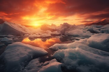 Fantastic winter landscape. Dramatic sunset over snowy mountains. Generated AI