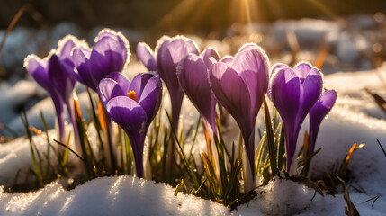 spring crocus flowers growing from the snow created with Generative AI 