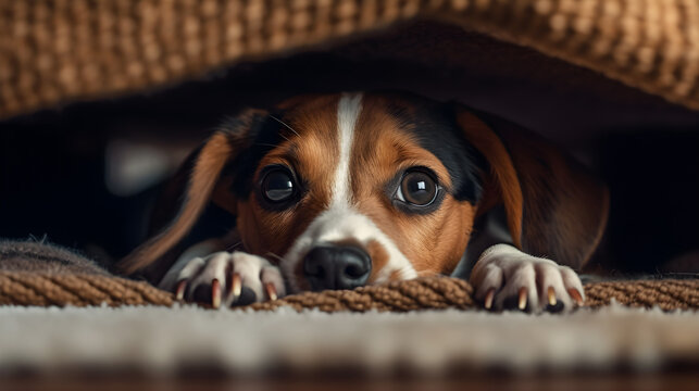 Little puppy scare and hid under the bed created with Generative AI 