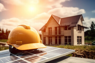 Safety Helmet on solar panels, construction of a house on background, Generative AI