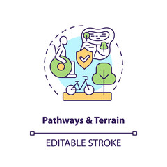 Pathways and terrain concept icon. Wheelchair access. Mobility aid. No barrier. Safe environment. Outdoor space abstract idea thin line illustration. Isolated outline drawing. Editable stroke