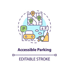 Accessible parking concept icon. Wheelchair transport. Disability support. Barrier free. Reserved parking abstract idea thin line illustration. Isolated outline drawing. Editable stroke
