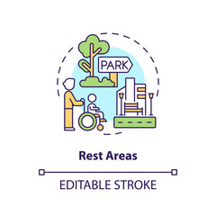 Rest areas concept icon. Wheelchair accessible. People with disabilities. Mobility aids. Outdoor recreation abstract idea thin line illustration. Isolated outline drawing. Editable stroke