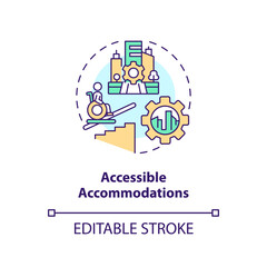 Accessible accommodations concept icon. Hotel booking. Wheelchair friendly. Person with disability. Accessible home abstract idea thin line illustration. Isolated outline drawing. Editable stroke