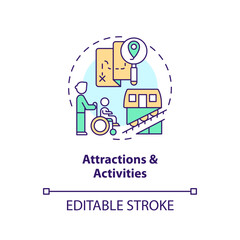 Attractions and activities concept icon. Vacation activity. Wheelchair friendly. People with disabilities. Travel tour abstract idea thin line illustration. Isolated outline drawing. Editable stroke