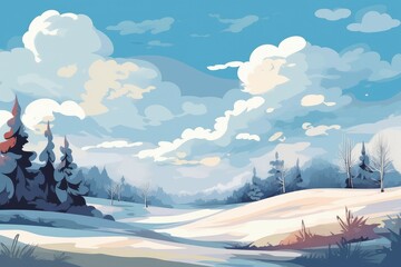 Naklejka na ściany i meble Winter cartoon landscape clouds. Generate Ai