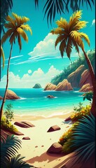 Obraz na płótnie Canvas Summer tropical beach landscape, white sand, green palm trees. Warm summer day composition. Generative AI illustration