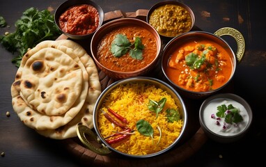 Assorted various Indian food on a dark rustic background. Traditional Indian dishes Chicken tikka masala, palak paneer, saffron rice, lentil soup, pita bread and spices.