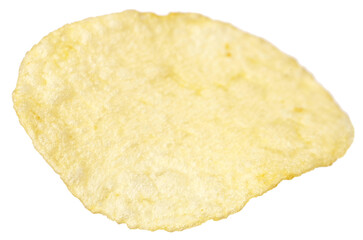 Single potato chip isolated on white background.