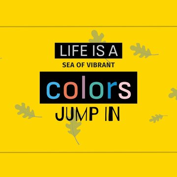 Composition of life is a sea of vibrant colours jump in text on pattern yellow background