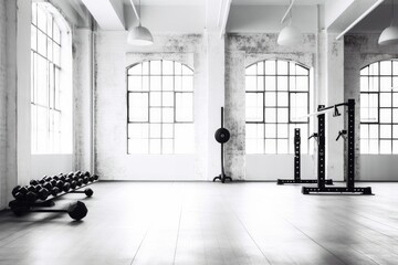 Modern light gym. Sports equipment in gym. AI generated