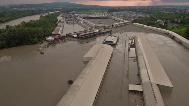 Flooded parking, stores and warehouses, aerial view.