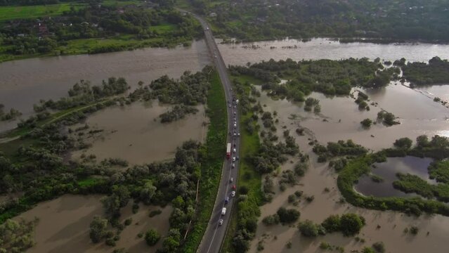 Flooded fields and groves, aerial view.