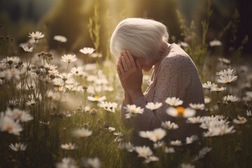 Woman praying field sunset. Generate Ai