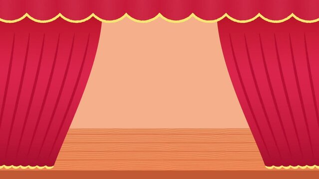 舞台の赤いカーテンが開いて脇幕で止まり、再び閉じるまでのイラスト