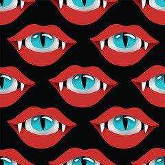 Seamless Pattern with Psyhodelical Print with Vampire Vibes, Eye in the Mouth. Surreal Design on Black. Pop Art Cartoon Style with Stains. Endless Texture. Vector 3d Illustration