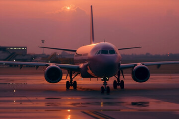 airplane landing at sunset. 