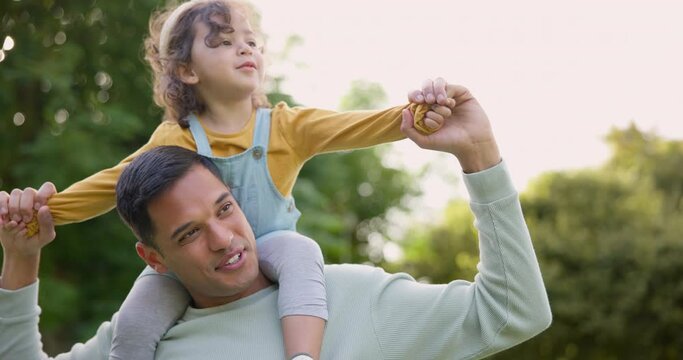 Piggyback, happy and father with child in nature, bonding and having fun. Smile, dad and carrying girl on shoulders, play and enjoying quality family time together outdoor in park with love and care.