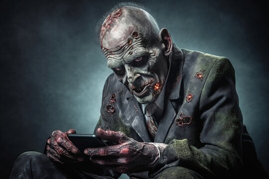 Zombie is holding a phone in his hands.