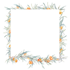 Watercolor frame of branches and orange sea buckthorn berries. Decorative element for greeting card. Illustration