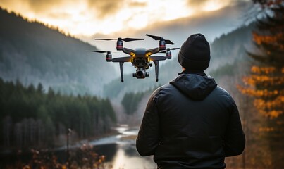 Man flying drone - obrazy, fototapety, plakaty