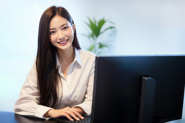 笑顔でパソコンでデスクワークをするOL・日本人の女性社員(美人モデル)