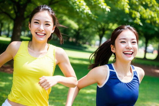 笑顔でランニングをする2人の日本人女性(美人モデル) 