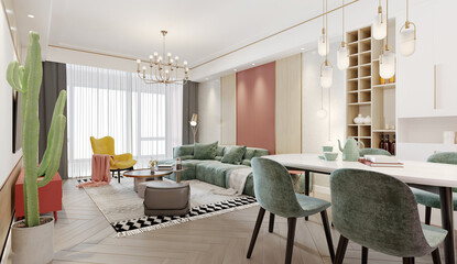 Contemporary style living room interior decorated with green wall. 3D illustration