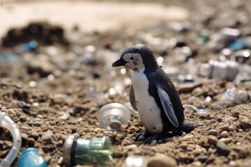 Naklejka premium Sad penguin on garbage dumb, polution with plastics, . Generative Ai.