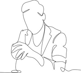 Man in a shirt drinks a wine drink from a glass - one line drawing. a taster or wine lover sips wine from a glass in an informal setting